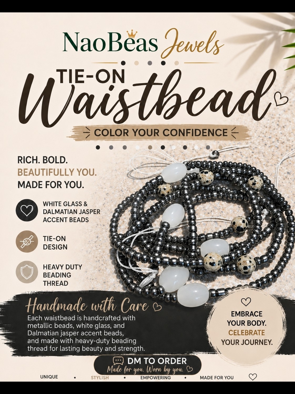 Tie-On Waistbead in Metallic Gray and White